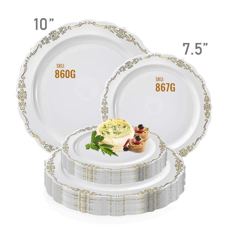 White with Gold Vintage Rim Round Disposable Plastic Dinner Plates - 10&#x22; (120 Plates)