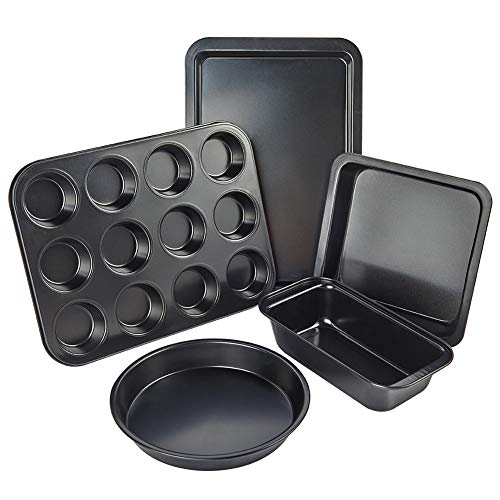 5 Pieces Nonstick Bakeware Set,  Bakeware Include Cookie Sheet, Loaf Pan, Square Pan, Round Cake Pan, 12 Cups Muffin Pan