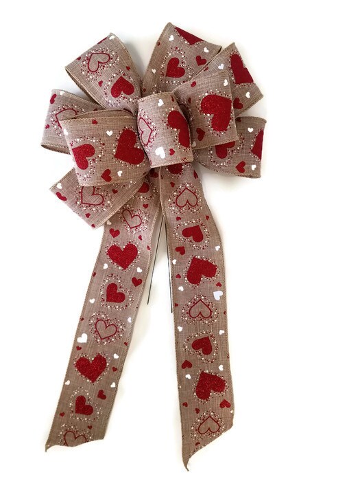 Wired Ribbon, Red w/ Multi Size White Hearts