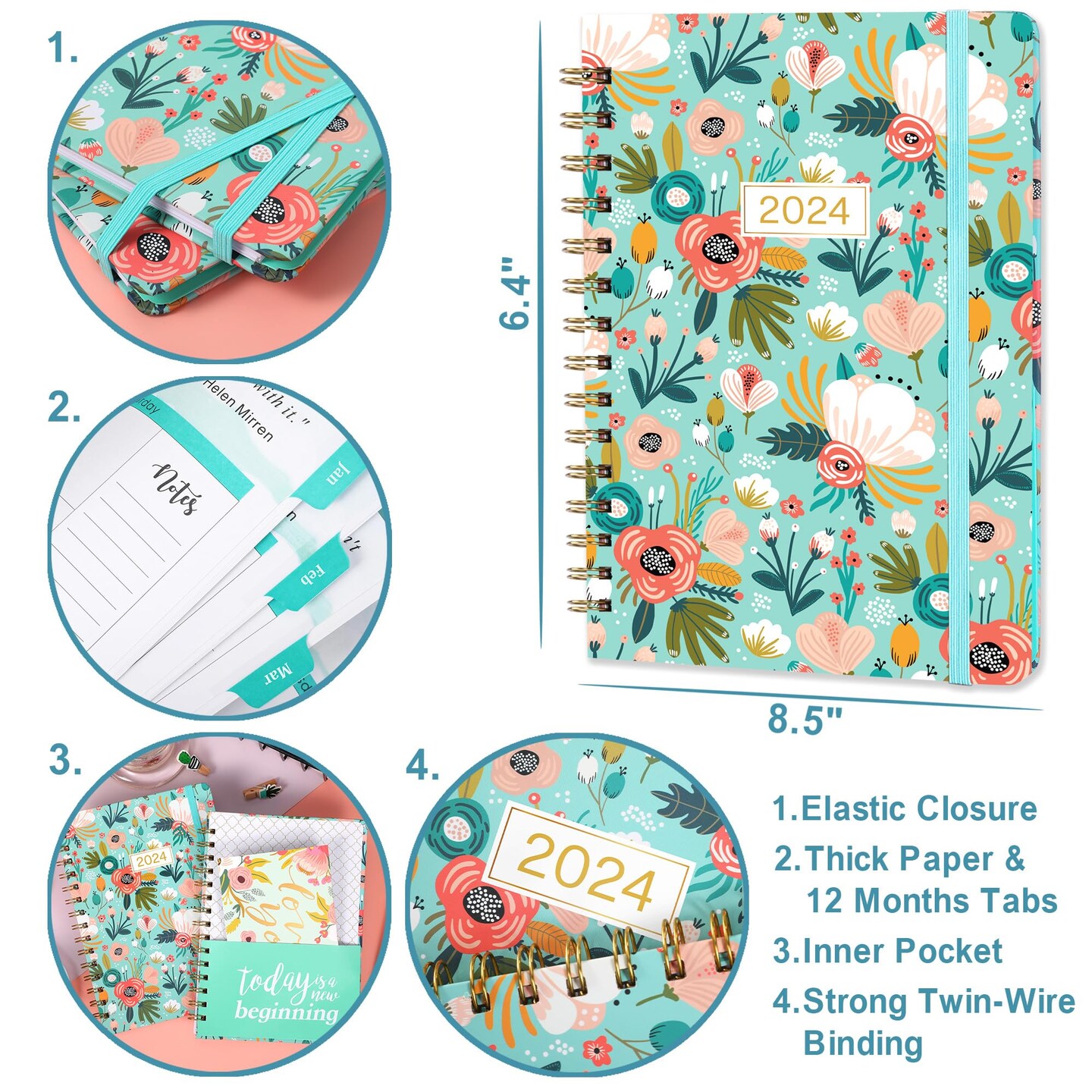 2024 Planner Weekly and Monthly, Jan. 2024 - Dec. 2024, 6.4&#x2018;&#x2019; x 8.3&#x27;&#x27; Calendar Planner with Inner Pocket