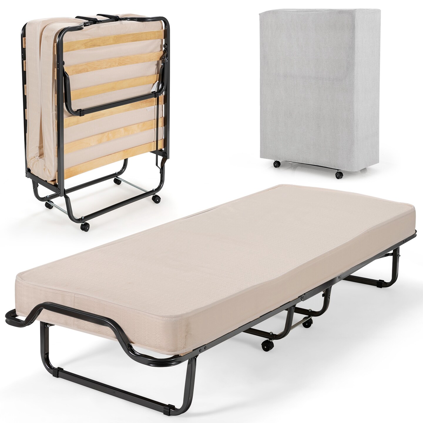 Costway Folding Bed w/Memory Foam Mattress Dust-Proof Bag Rollaway Metal Bed Sleeper Made in Italy