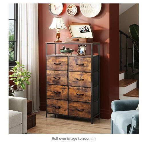 Fabric Dresser with Open Shelves for Bedroom, Tall Dresser with Eight Drawers, Fabric Bin Storage Tower, Closet Chest of Drawers for Living Room, and Hallway Print with Rustic Brown Wood Grain