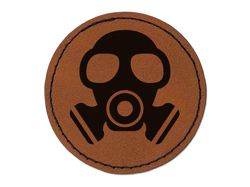 Chemical Gas Mask Ventilator Pandemic Round Iron-On Engraved Faux Leather Patch Applique - 2.5&#x22;