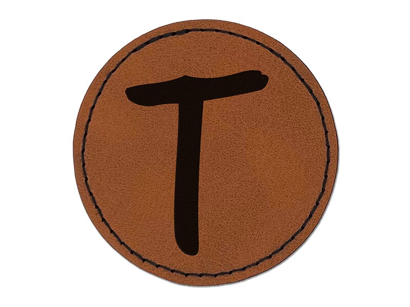 Letter T Uppercase Felt Marker Font Round Iron-On Engraved Faux Leather Patch Applique - 2.5&#x22;