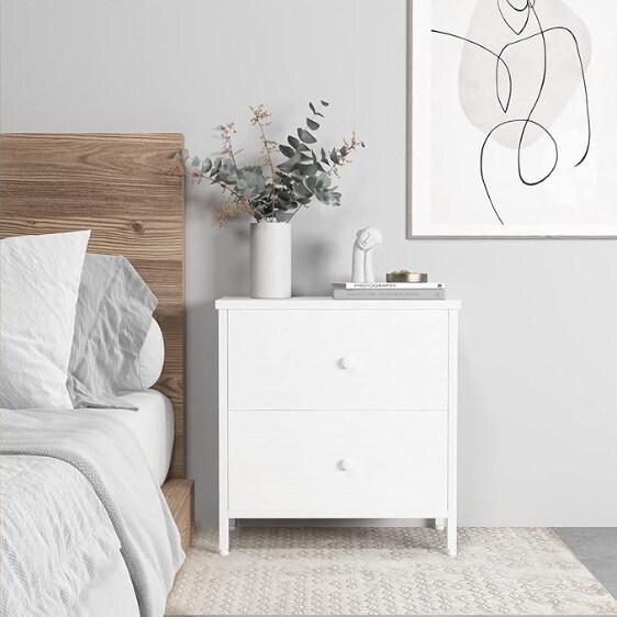 White Nightstand with 2 Drawers for Bedroom, Modern Small Nightstand with Fabric Drawers End Table