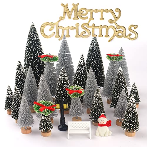 UNIPRIMEBBQ Mini Miniature Christmas Pine Tree Bottle Brush Trees Wooden Bases Tree for Your Village Desktop Xmas Holiday Party (Silver/Green 30pcs)