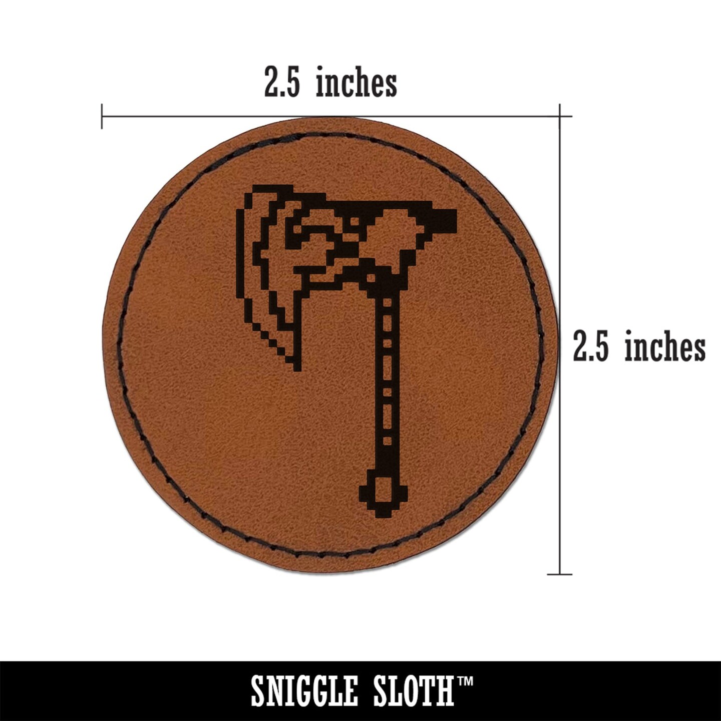Pixel Axe Battle Axe RPG Dwarf Weapon Round Iron-On Engraved Faux Leather Patch Applique - 2.5&#x22;