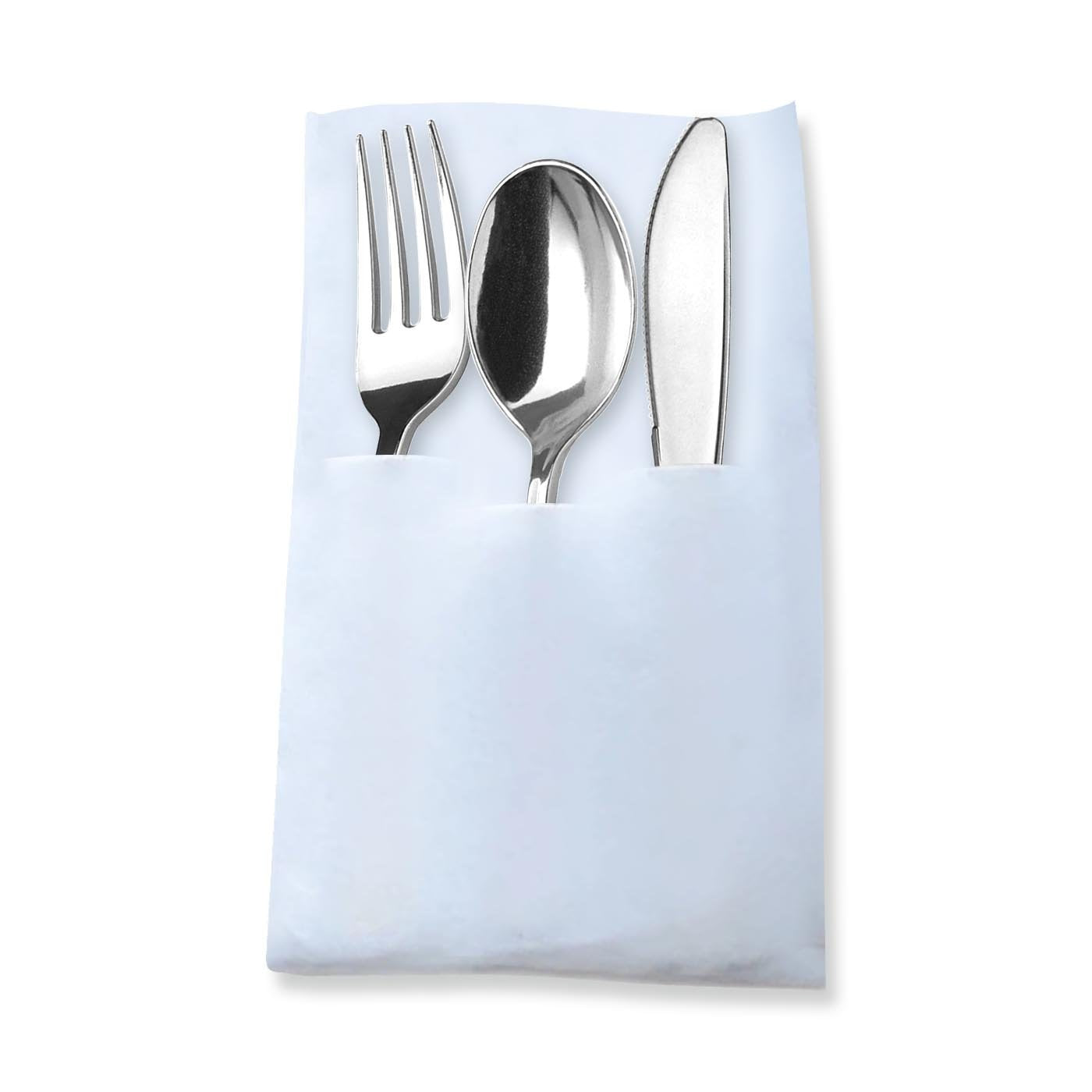 Silver Plastic Cutlery White Pocket Napkin Set (70 Guests)