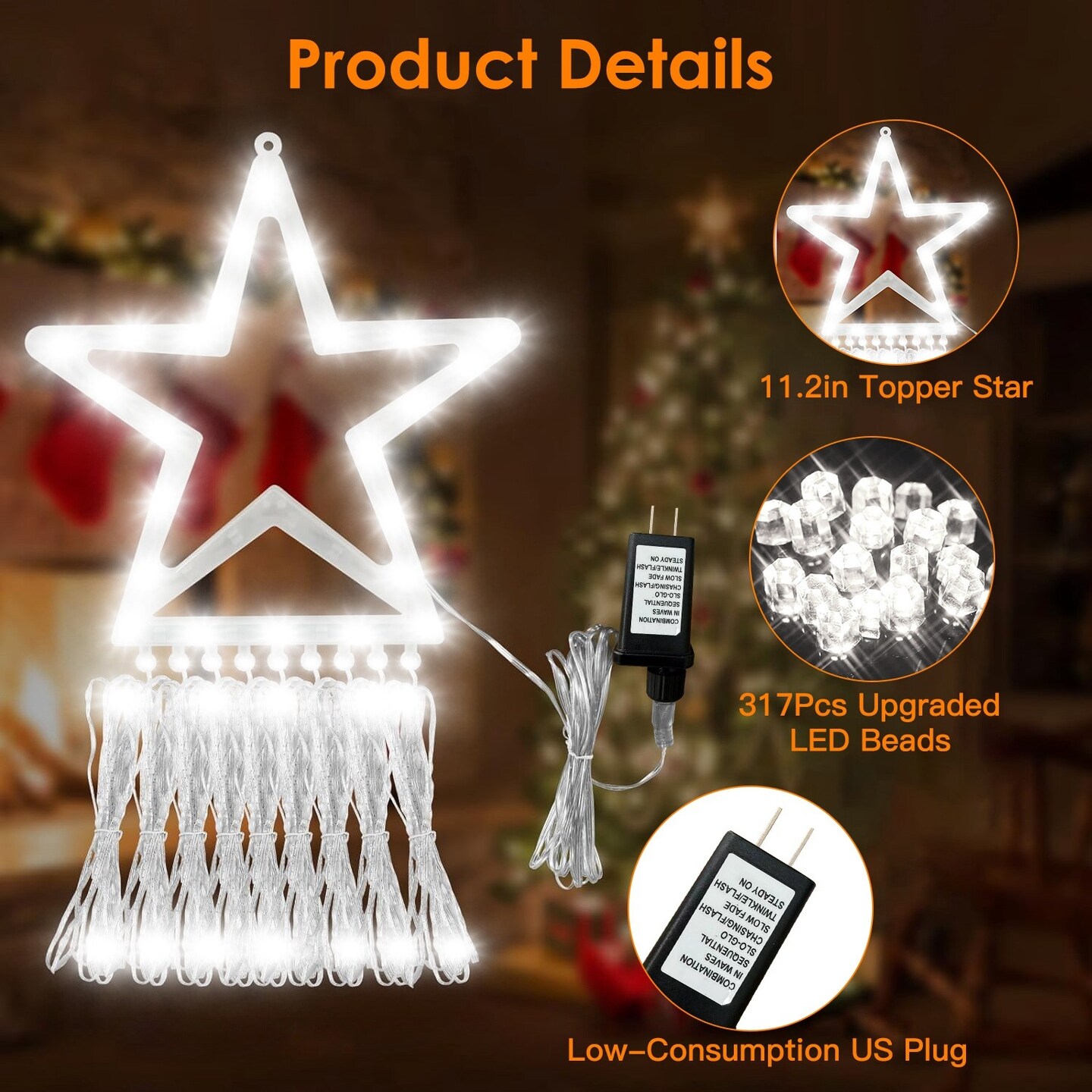 Christmas Hanging Waterfall String Light with Topper Star with 8 Lighting Modes