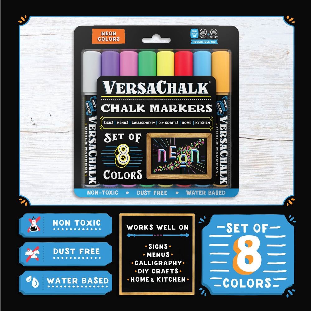 VersaChalk Neon Liquid Chalk Markers for Chalkboards, Set of 8 - 5mm Bold Tip