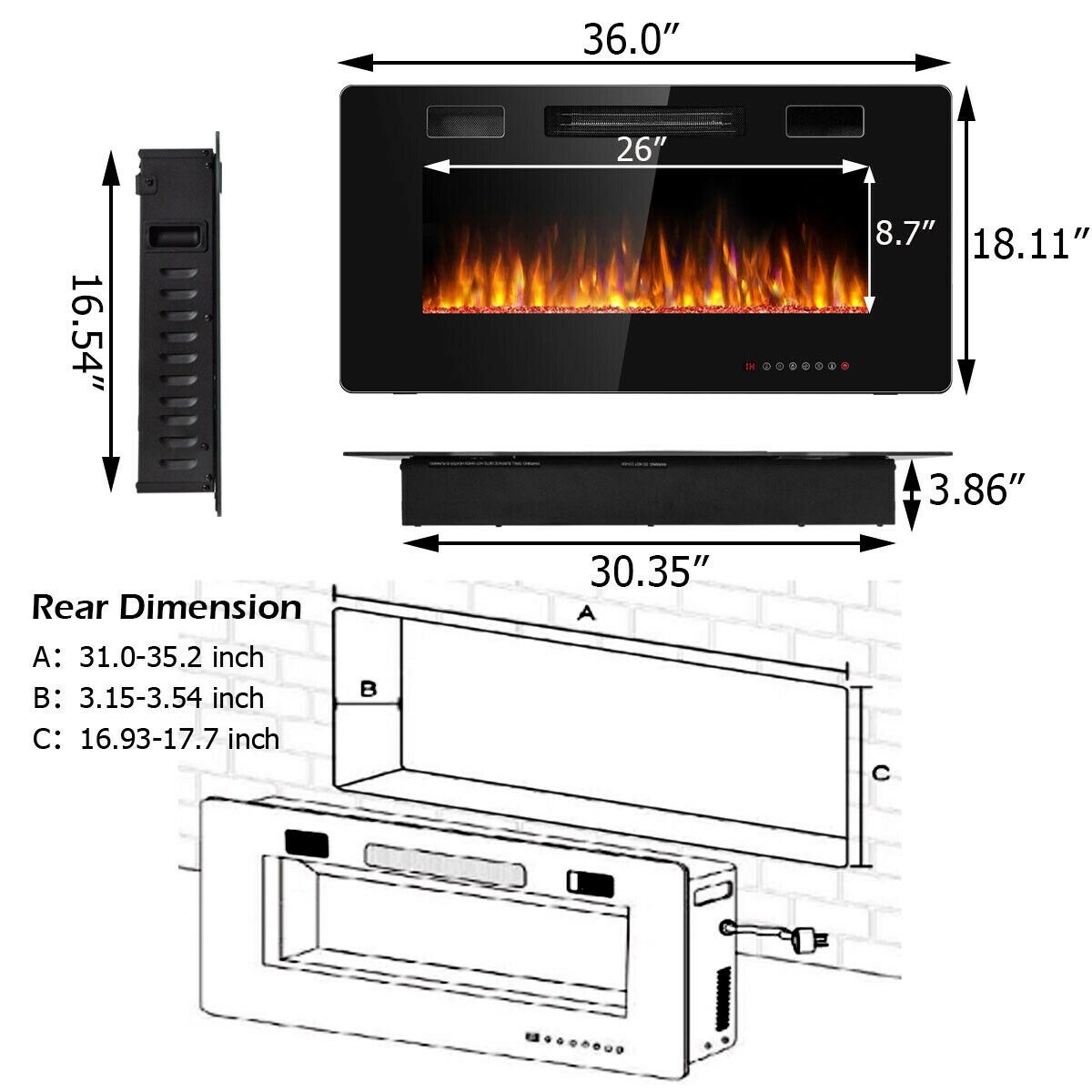 Recessed Ultra Thin Electric Fireplace Heater with Glass Appearance