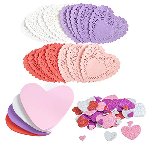 JOYIN Valentines Day Craft Gift Set with 100 Heart Doilies Heart Paper Doilies, 24 Pieces Foam Hearts and 2 Bags of Foam Heart Stickers for Kids and Fun Home Activitie, Valentine's Day Party Decor