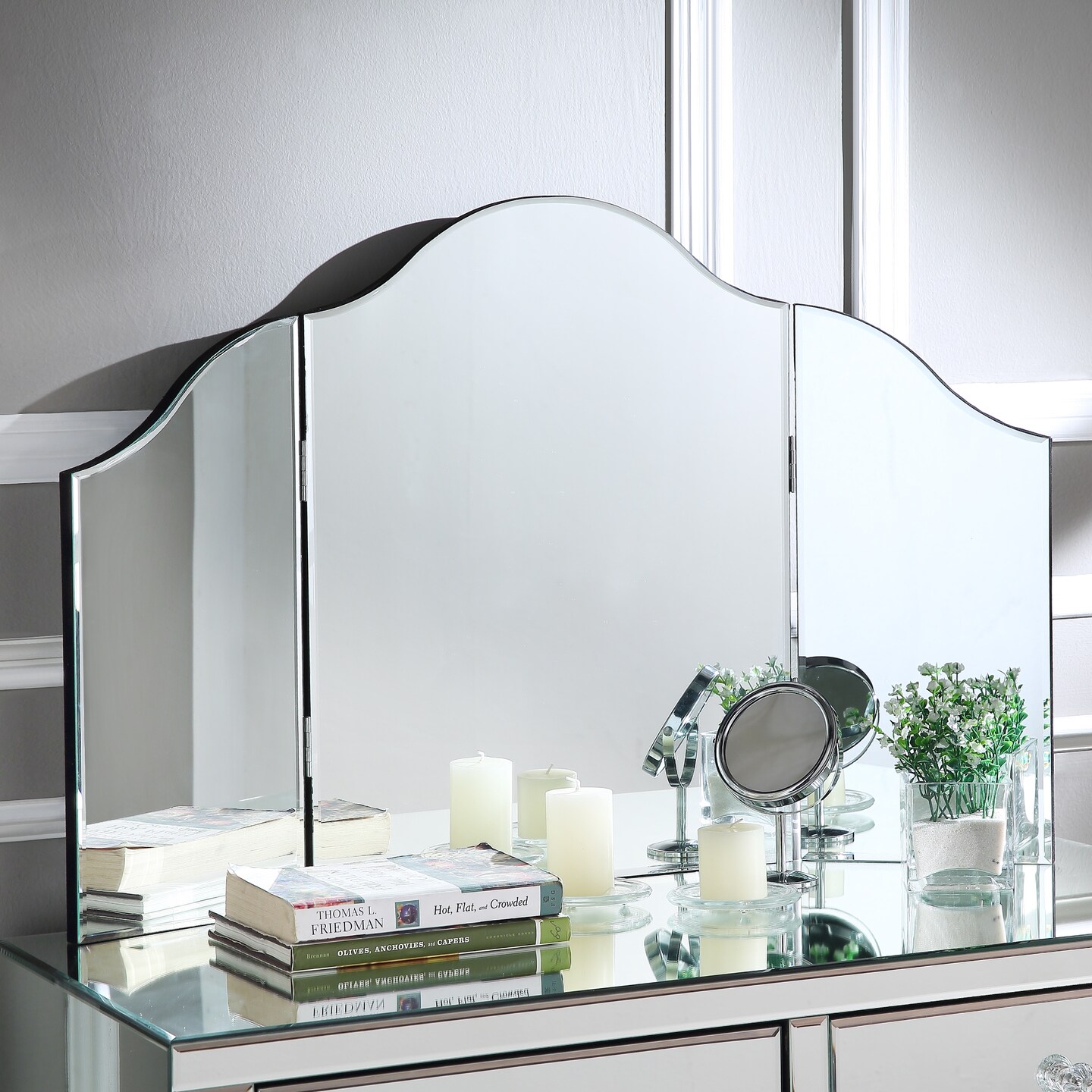 Renee Frameless Modern Contemporary Tri-fold Tabletop Vanity Mirror