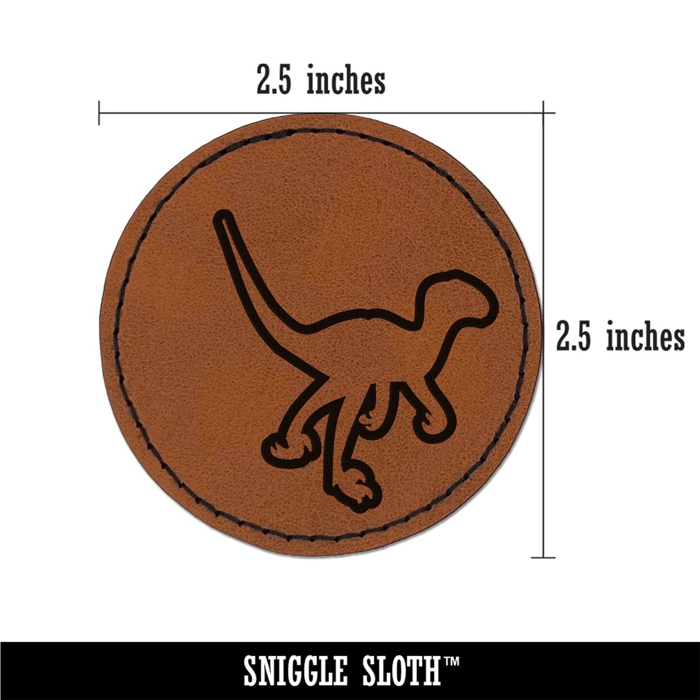 Velociraptor Dinosaur Outline Round Iron-On Engraved Faux Leather Patch Applique - 2.5&#x22;