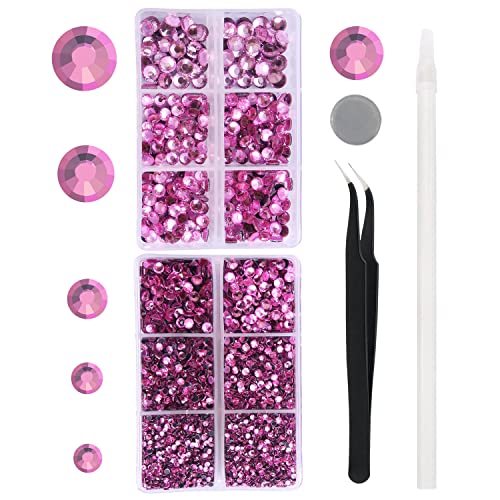 6616 Pieces Hot Pink Hotfix Rhinestones Crystal Gems Glass for Tumblers Clothes Shirts Glitter Flat Back Round with Tweezers and Picking Pen (SS6~SS30)
