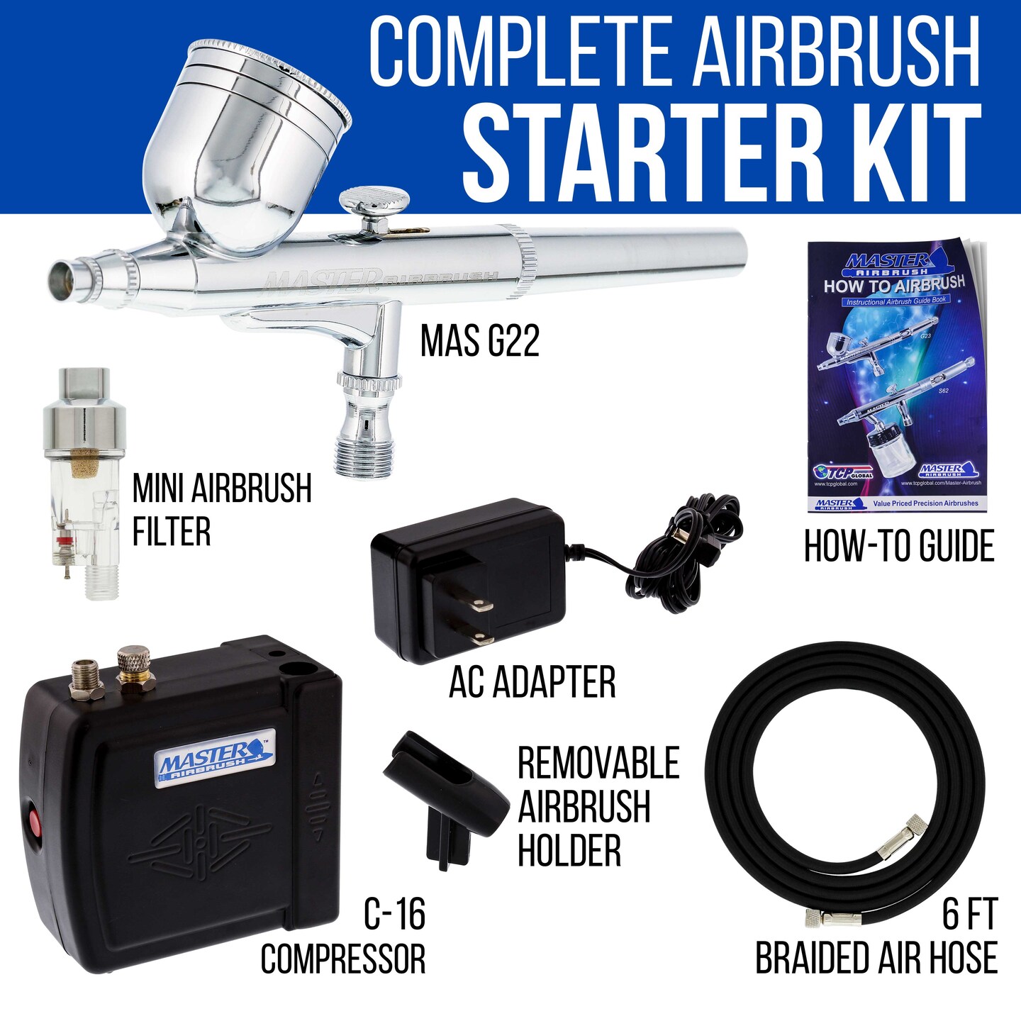 Master Performance G22 Airbrush Kit with Master Black Mini Portable  Compressor C16-B, Air Hose & Air Filter Water Trap