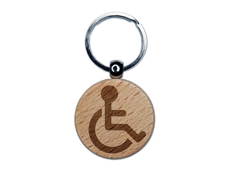 Handicap Disabled Wheelchair Access Icon Engraved Wood Round Keychain Tag Charm