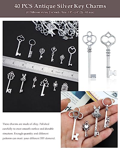 20 Type of 40 Pieces Vintage Skeleton Key Charms,  Antique Silver Key Charms for Necklace Pendant DIY Jewelry Making Supplies Wedding Favors