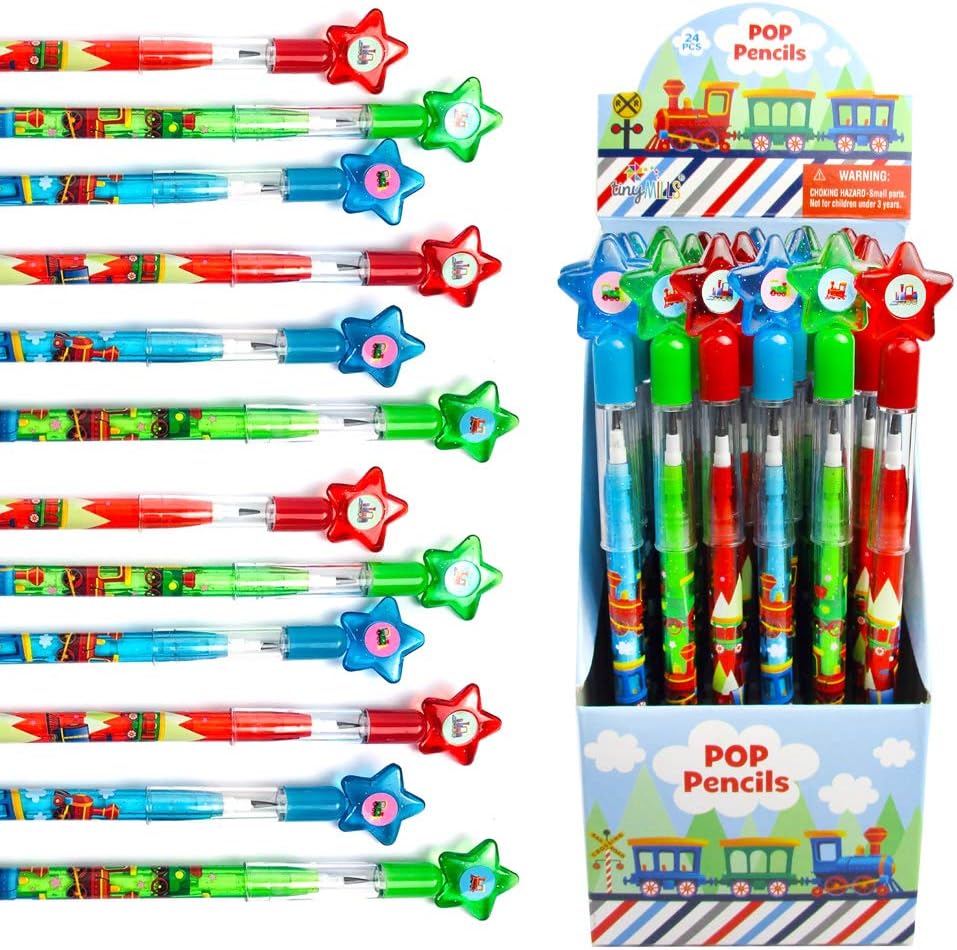 TINYMILLS 24 Pcs Train Multi Point Stackable Push Pencil Assortment with Eraser