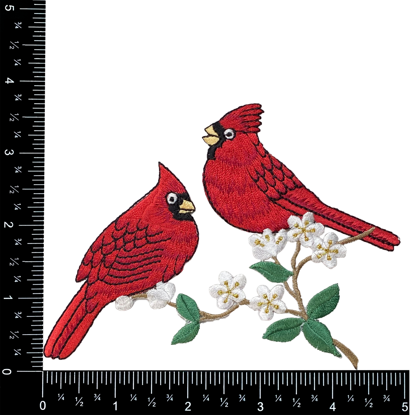Two Cardinals on Tree Branch with Blossoms, Cardinal Red Bird, Embroidered Iron on Patch