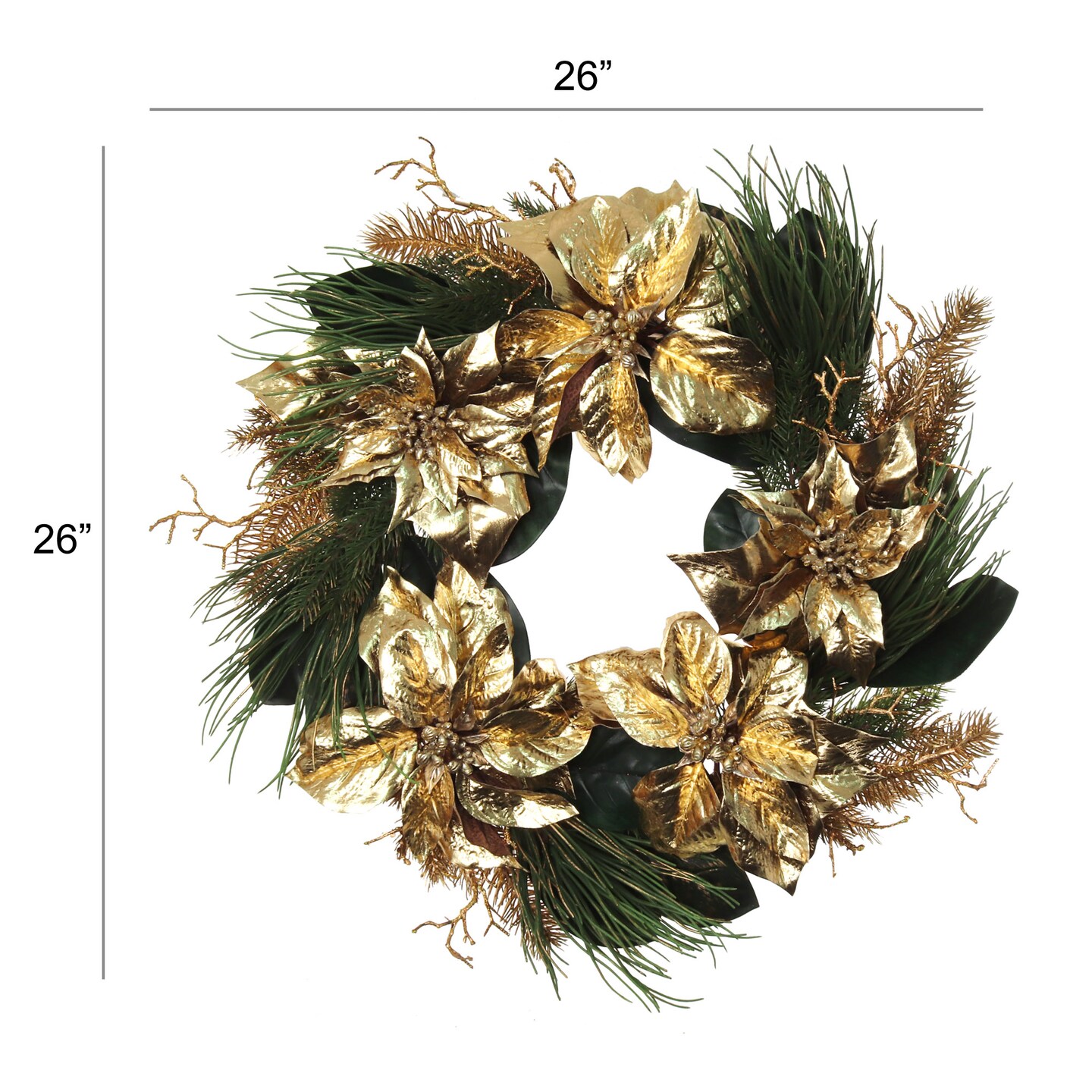 Set of 2: Artificial Pre-Decorated Pine Wreath with Magnolia Flowers &#x26; Foliage | 24&#x22; Wide | Gold | Holiday Accents | Winter | Home &#x26; Office Decor, Floral Home by Artificial Flowers