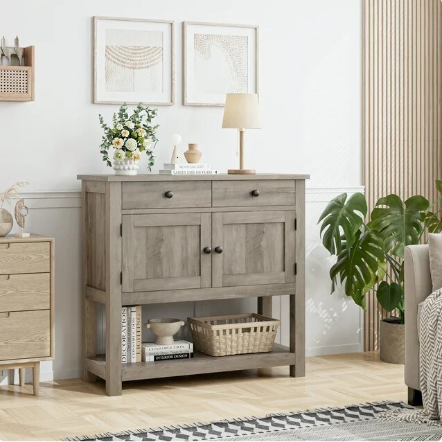Farmhouse Console Table with 2 Drawers and Doors Gray Foyer Table with Wood Coffee Bar Sideboard for Entryway Dining Room
