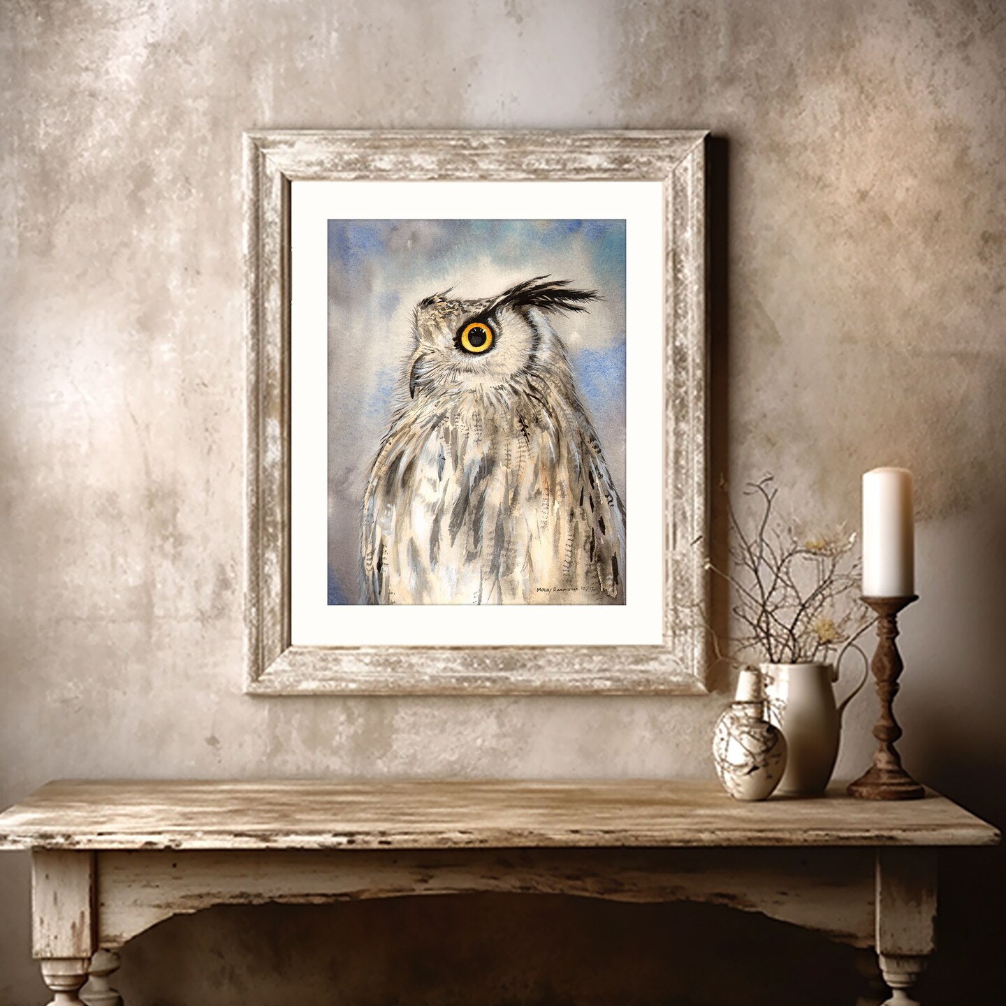 Original handmade framed owl on sale print