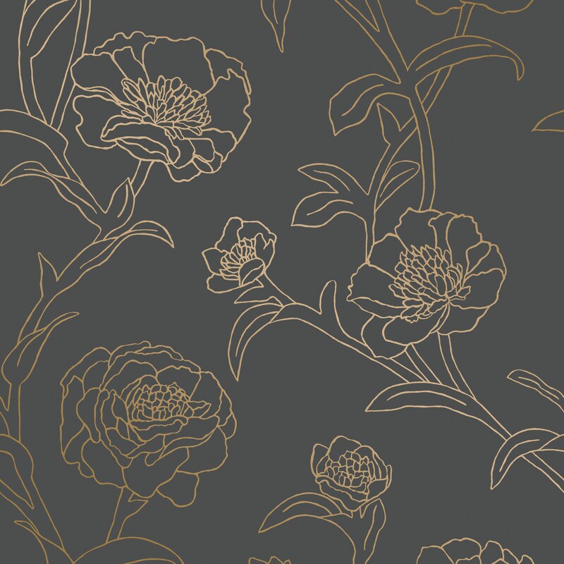 Tempaper Peonies Peel and Stick Wallpaper Noir Slate Grey &#x26; Metallic Gold