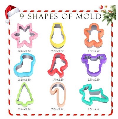 Christmas Cookie Cutters: 9 Christmas holiday themed baking cutters in the shapes of a flying deer, a snowflake, a Christmas tree, a deer head, Santa Claus, socks, crutches, a snowman, and a gingerbread man.