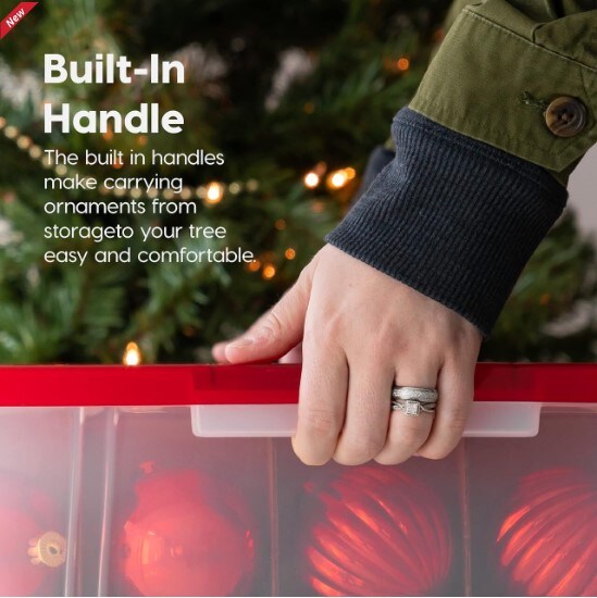 2 Pack 60qt Clear/Red Plastic Clear Ornament Storage Box with Hinged Lid and Dividers