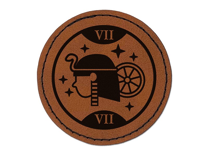 The Chariot Tarot Card Round Iron-On Engraved Faux Leather Patch Applique - 2.5&#x22;