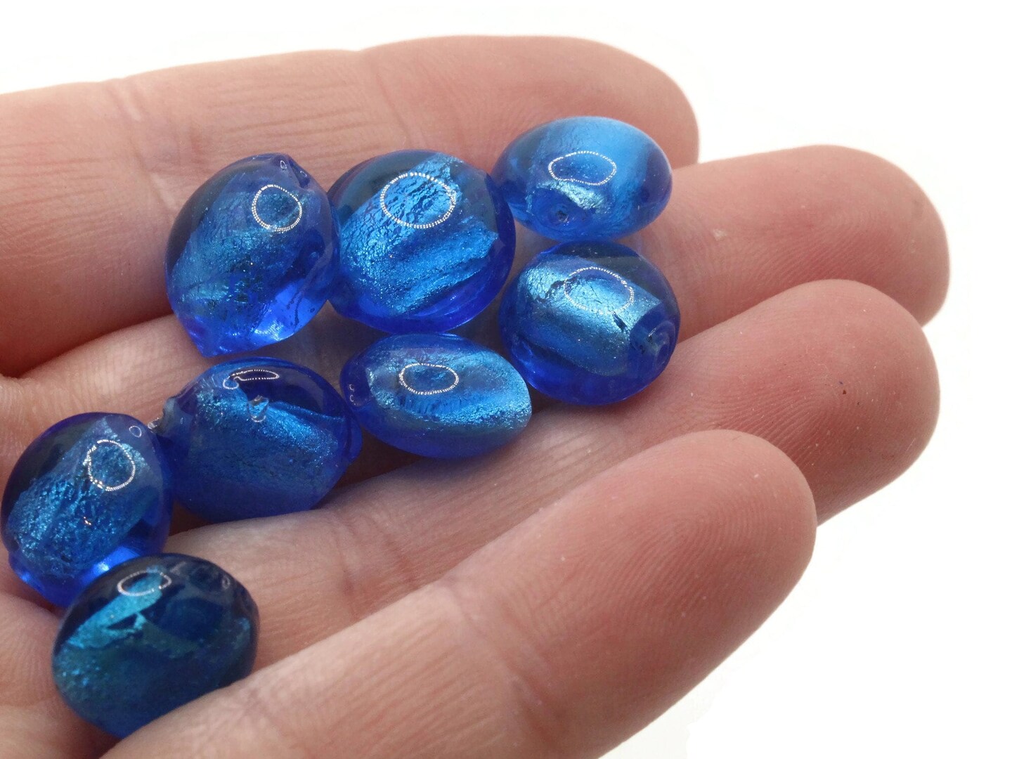 8 12mm Blue Lampwork Glass Puffed Coin Beads