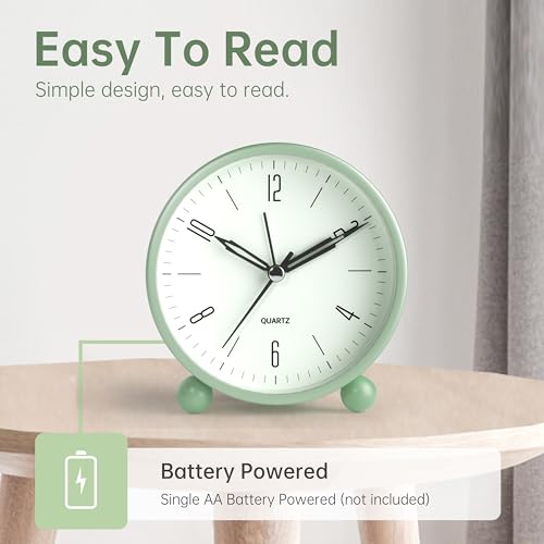 4 inch Super Silent Non Ticking Small Clock with Night Light, Battery Operated, Simple Design, Old Fashioned Style Sage Decor, for Bedroom, Bedside, Desk, Adult, Kid, Gift, Green