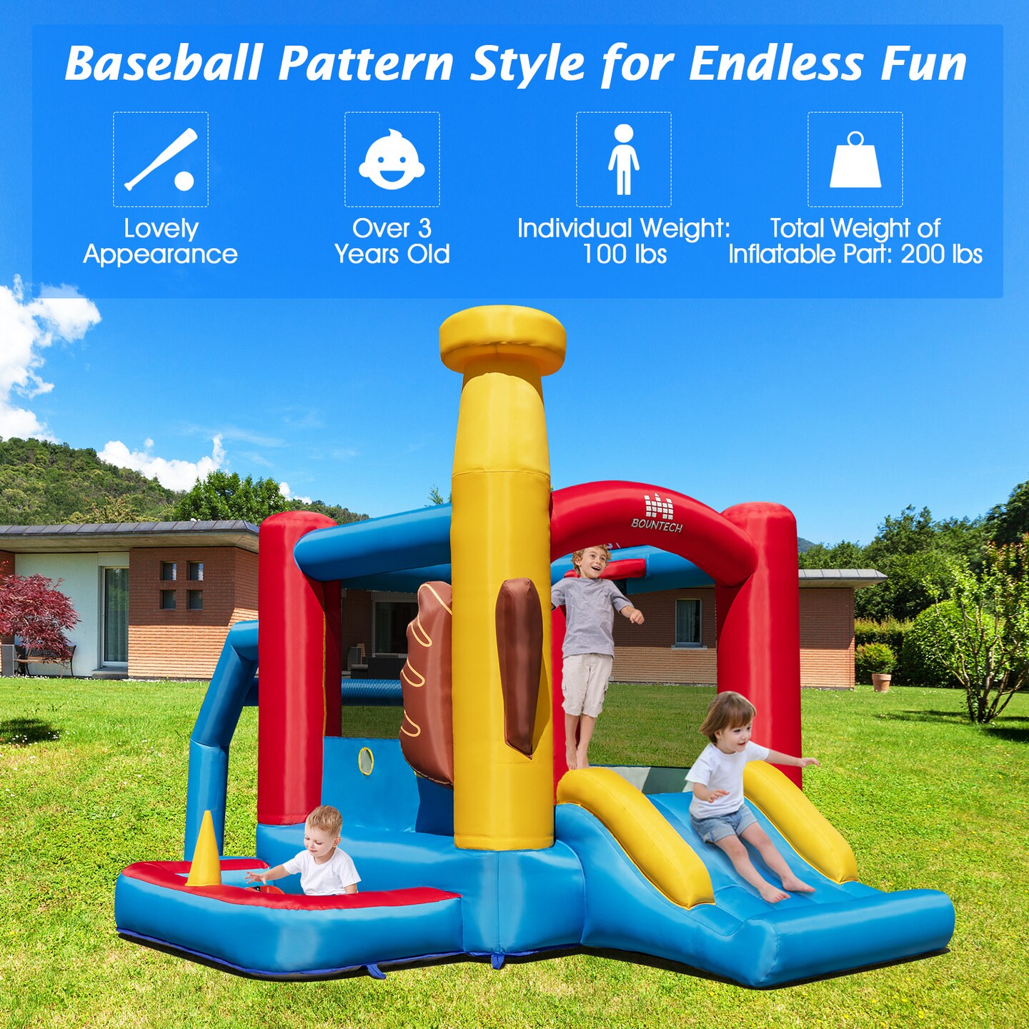 Baseball Theme Inflatable Bounce House With Slide Ball Pit For Kids 3-10 Years