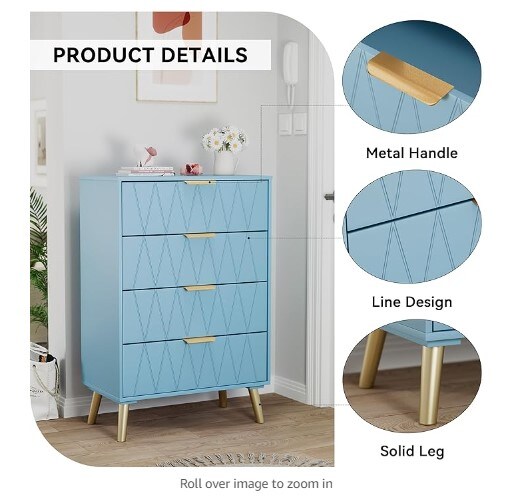 Drawer Dresser, Chest of Drawers, Contemporary Dresser with Storage, Bedroom, Living Room, Hall, Entryway, Closet Organizing Unit (Blue)