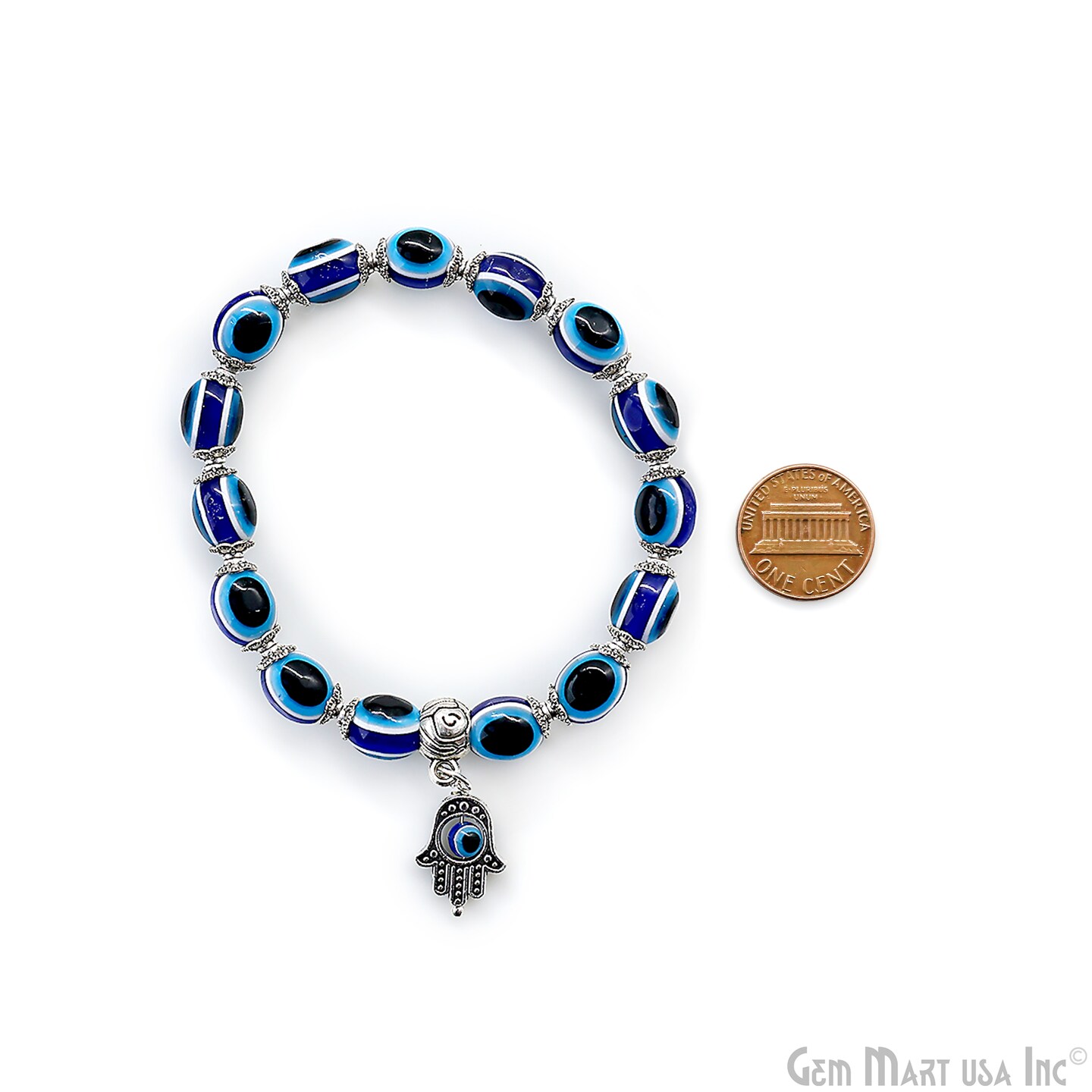 Turkish Evil Eye Beaded Bracelet with Hamsa Hand, 7 inch, Stretchy, Unisex, Adjustable Protection Talisman, GemMartUSA (EE-14311)