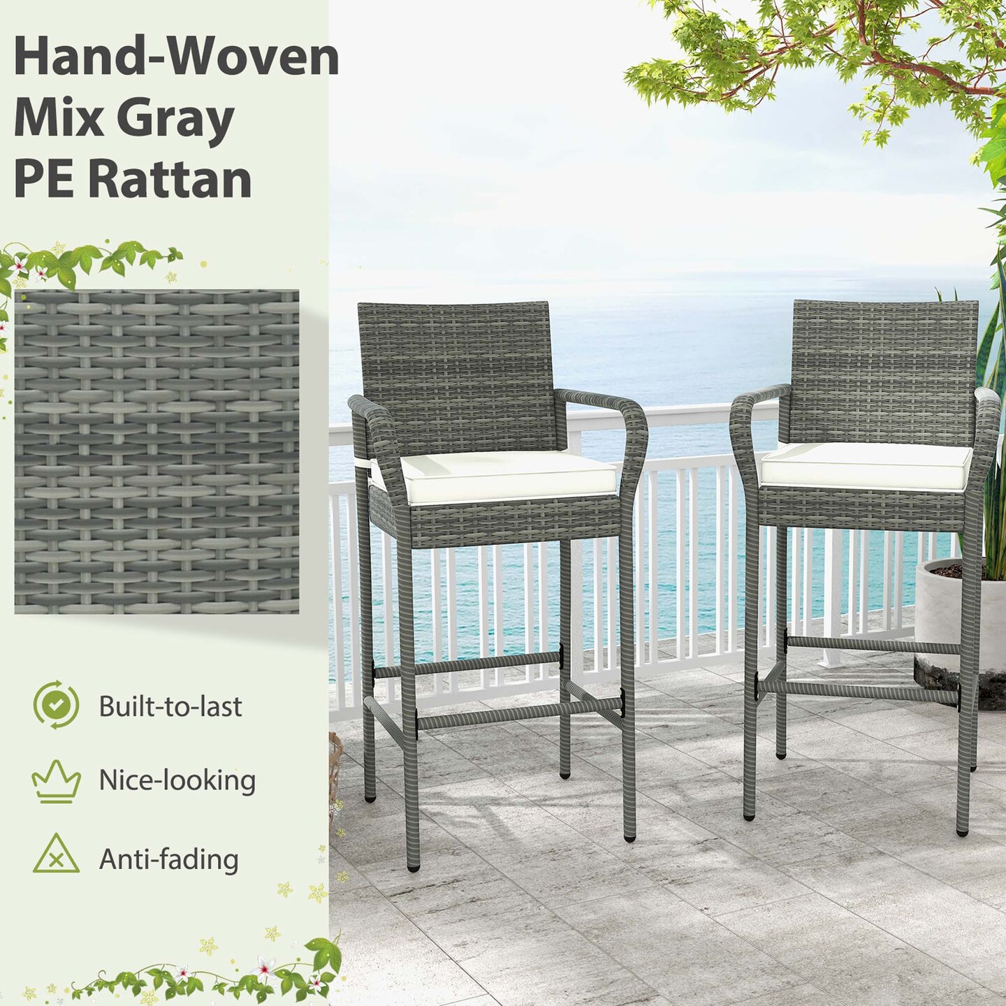Costway 2/4 PCS Patio PE Wicker Bar Chairs Counter Height&#xA0;Barstools With Armrests &#x26;Cushions