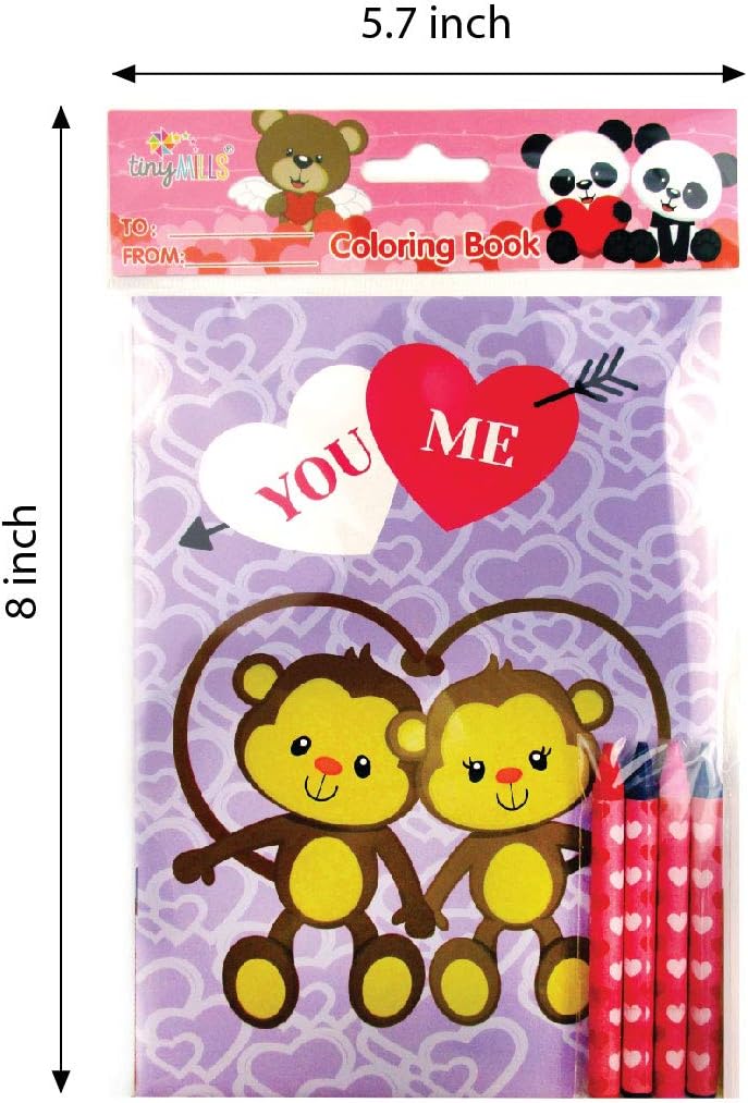 TINYMILLS Valentine's Day Coloring Book and Crayon Set for Kids Party Favors with 12 Coloring Books and 48 Crayons for Valentine's Day Party