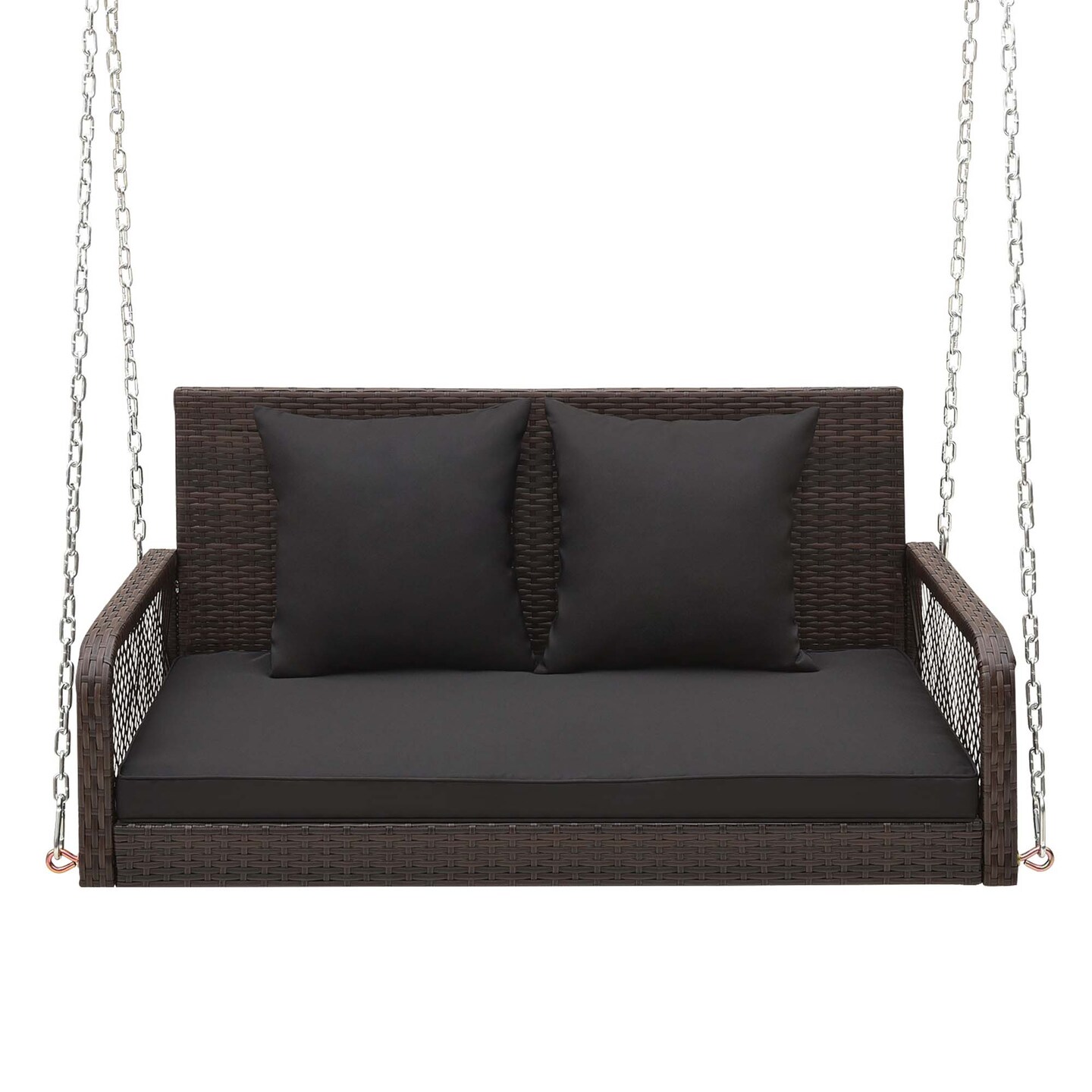 Costway Patio Wicker Porch Swing 2-Person Hanging Loveseat Bench Chair with Cushions Beige/Black