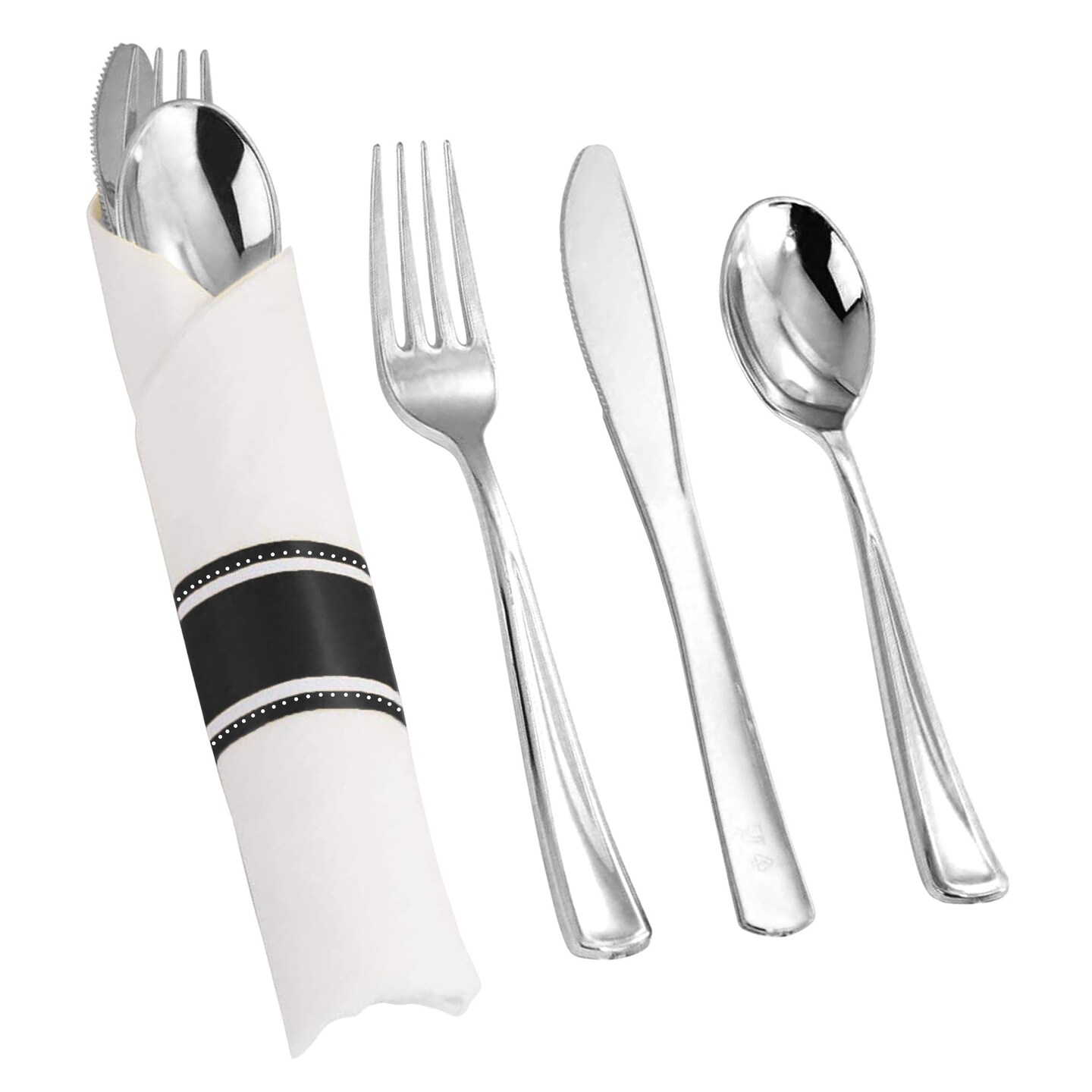 Silver Plastic Cutlery White Napkin Rolls Set - (100 Guests)