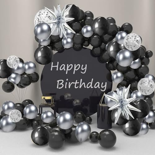 Black and Silver Balloon Garland Arch Kit with Latex Confetti Balloons Silver Explosion Star Balloons for New Year Eve Party Decor Graduation Birthday Wedding Anniversary Party Supplies