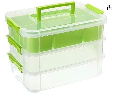 Plastic Multipurpose Portable Storage, 3 Layer Stack & Carry Box Handled Storage  Box with Removable Tray for Organising Sewing, Art Craft, and Supplies  Green