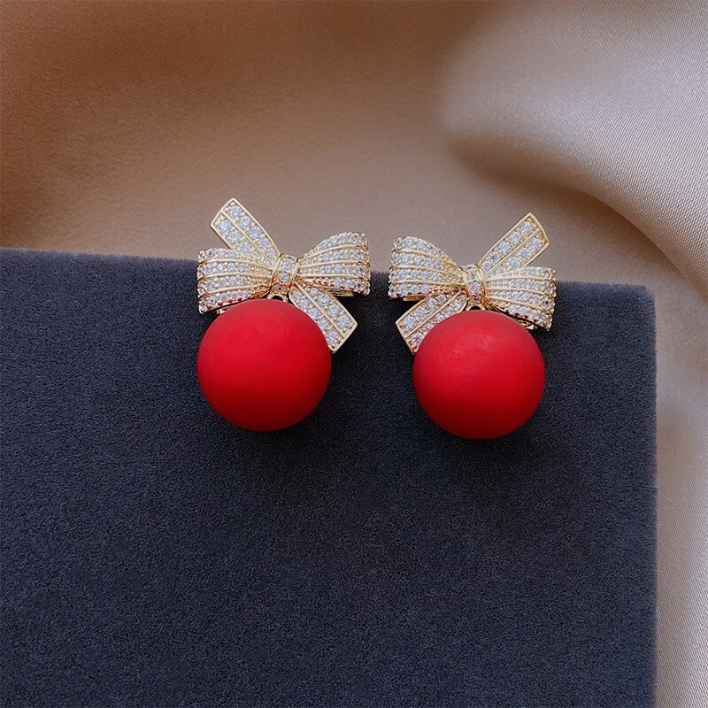 New Style Temperament Red Color Christmas Bow Stud Earrings for Women Rhinestone Bowknot Red Ball Earring Girls Party Jewelry