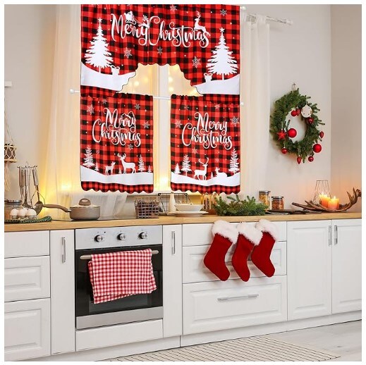 3 Pcs Christmas Kitchen Window Tier Curtains