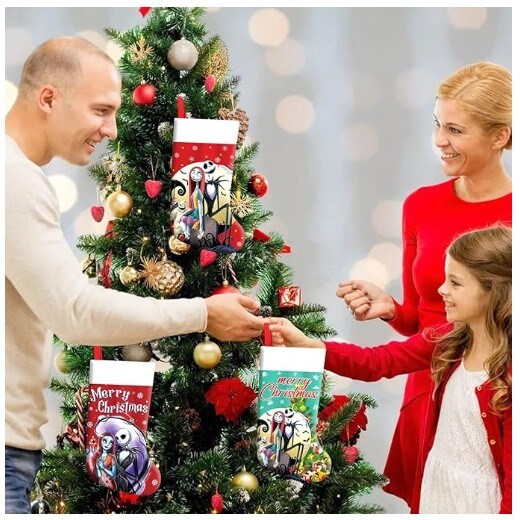 Set of 4 Cartoon Christmas Stockings, 7.5" Big Xmas Stockings Decoration - Christmas Tree with Snowflake Pattern Green Stocking Sets for Home Decor Stairs Fireplace Hanging 4PCS