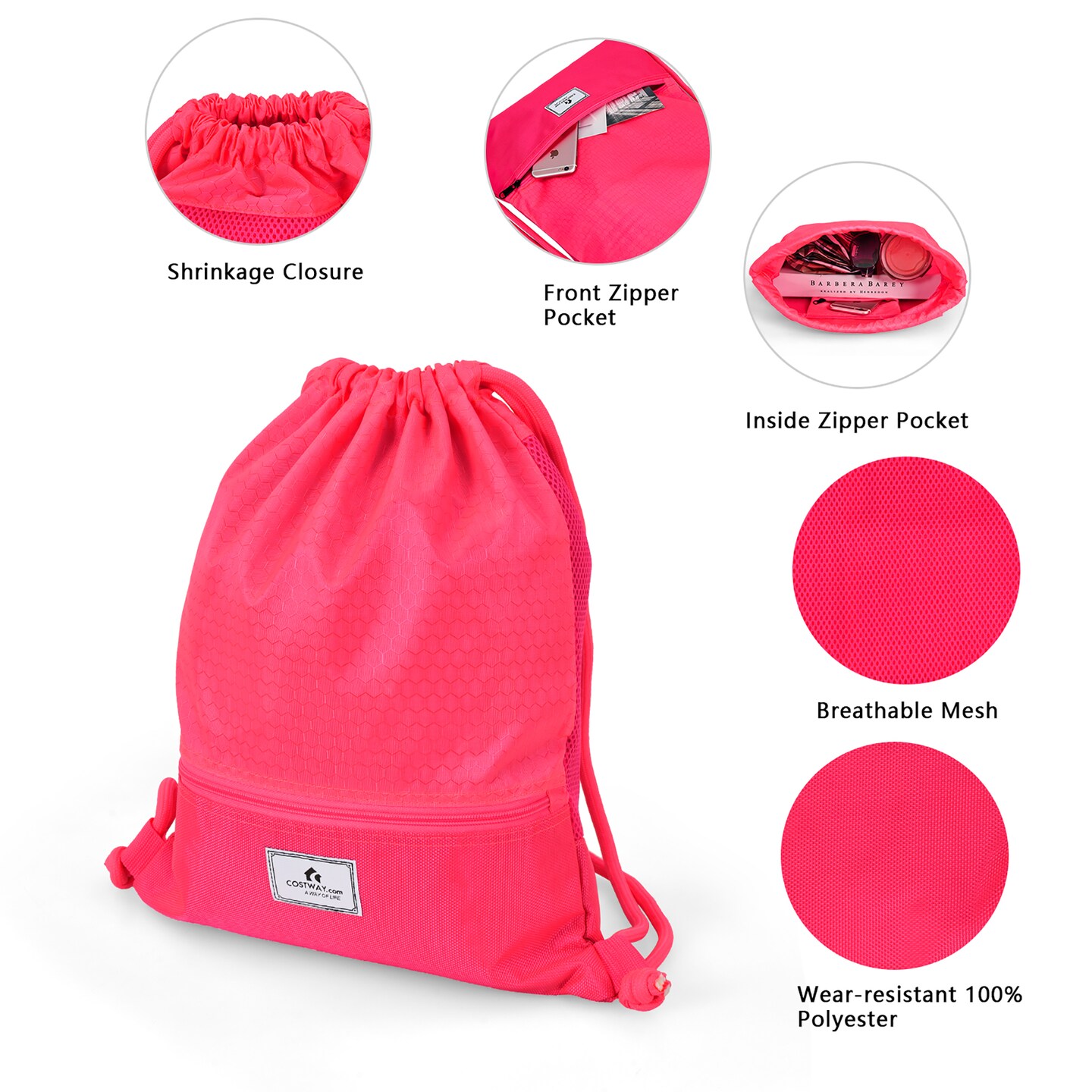 Costway Drawstring Backpack String Bag Folding Sports Sack w/Zipper Pocket Black\Blue\Green\Pink