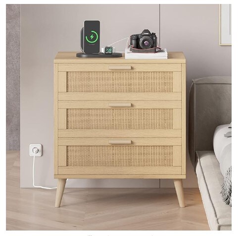 Bedside table with two USB ports and two AC outlets for the bedroom, Farmhouse end table, Charging Station for Rattan Nightstand, Night Stand with Drawers Decorated with Rattan, Natural ME-BZZ006