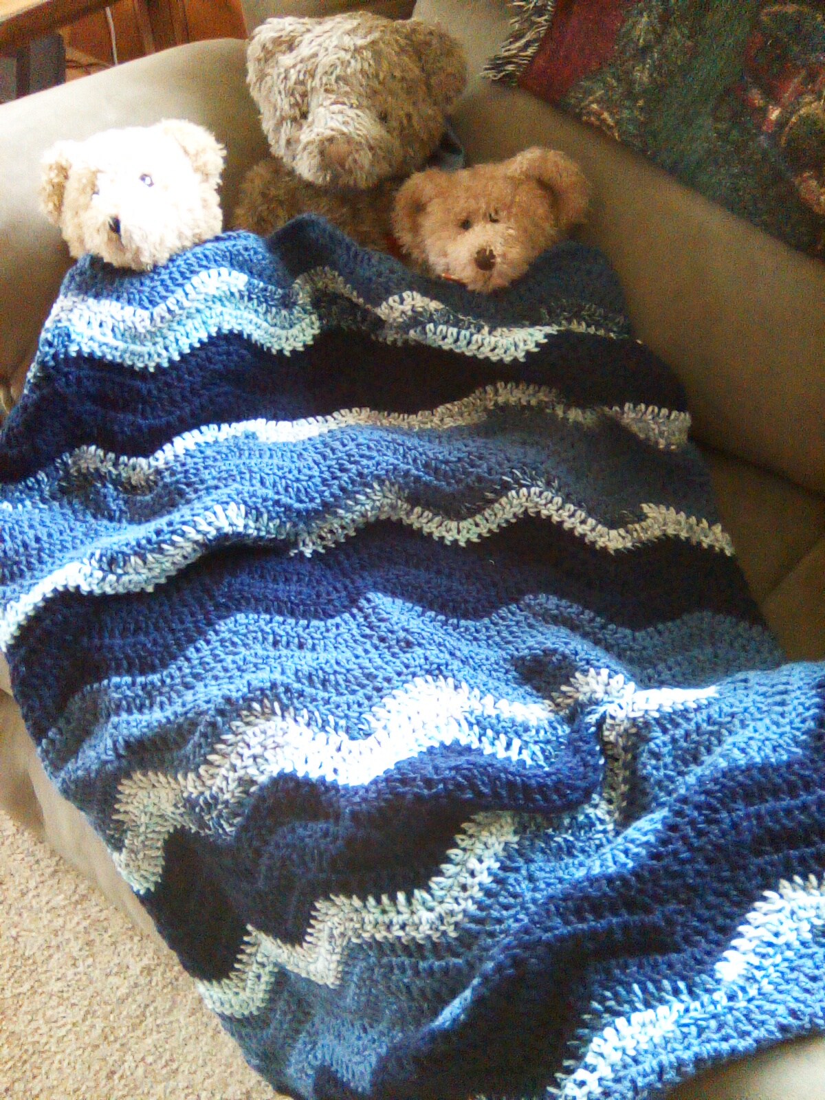 Hand crochet ripple baby blanket, blue, cozy ,soft, warm, keepsake