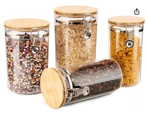 4PCS Coffee Grounds Container, Coffee Canister Sets for Kitchen Counter Coffee Bean-Plastic Food Storage Jar with Lid, Airtight Locking Clamp for Grain/Sugar, Kitchen Storage Container with Large Capacity