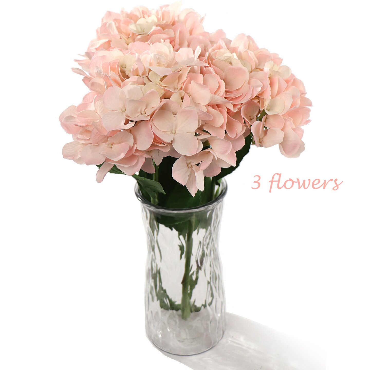 Set of 3 Pink Hydrangea Flower Stem with Lifelike Green Foliage 27